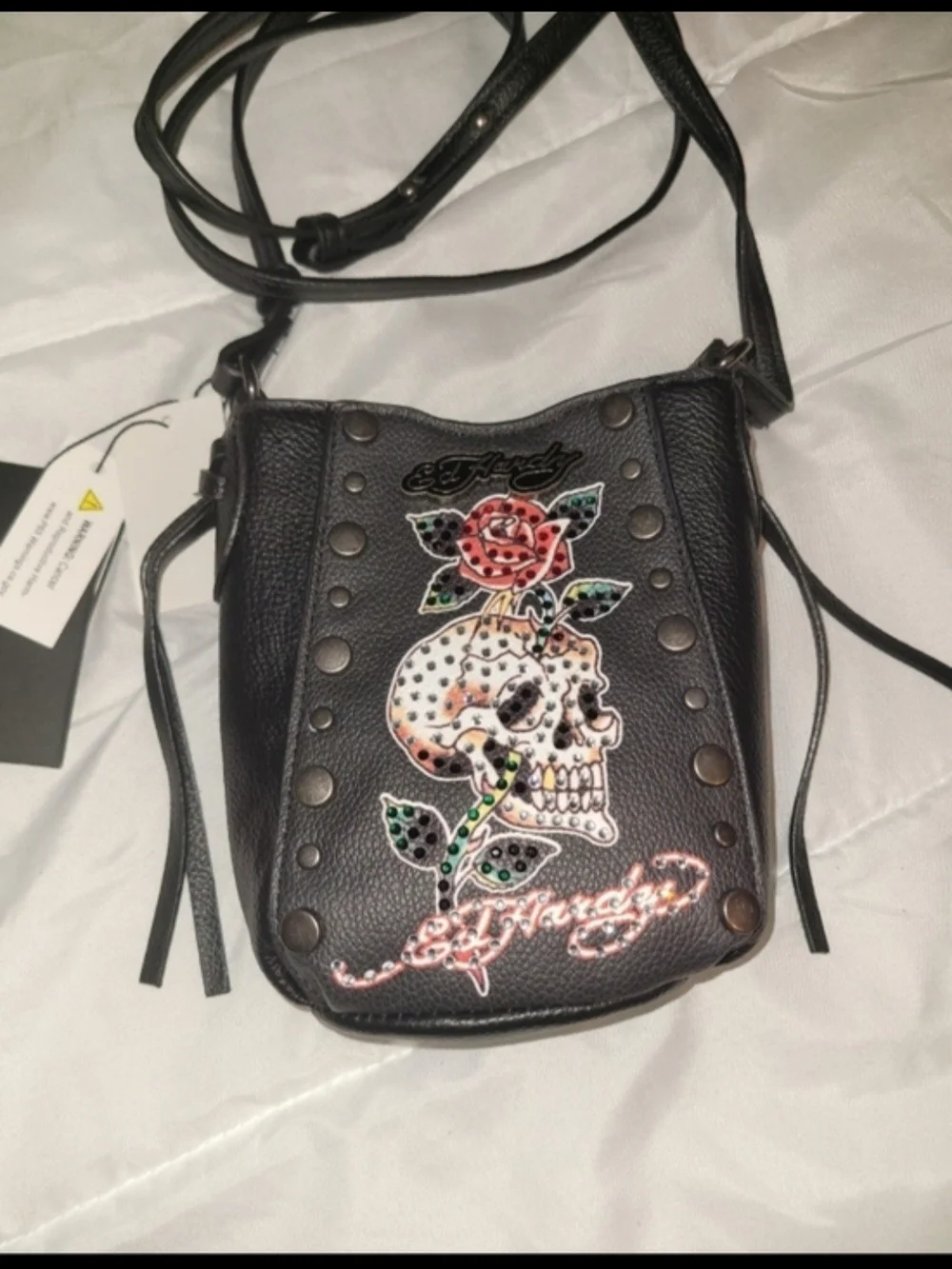 Ed Hardy Black Crossbody Bag with Embroidered Skull & Rose Detail